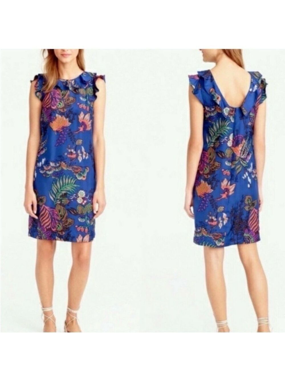J. Crew Silk Ruffle Tropical Floral Blue Dress Size 4